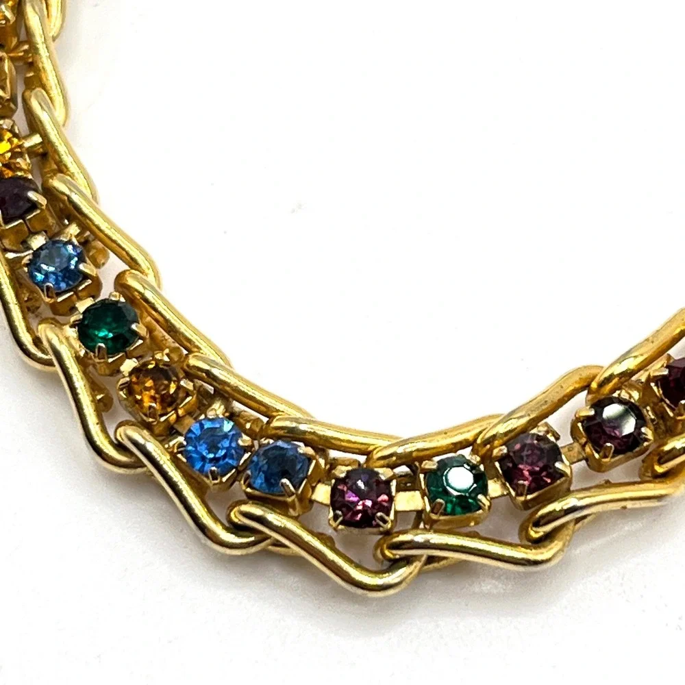 Vintage Rainbow Crystal Rhinestone Multicolor Gold Tone Chain Link Bracelet 6.5